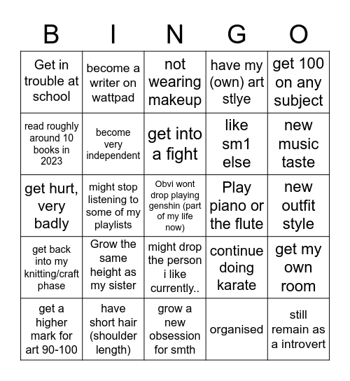 Briella 2023 Bingo Card