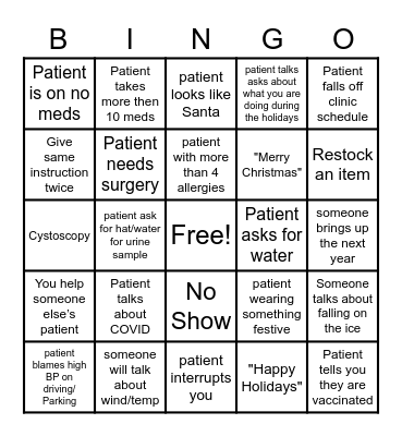 Holiday Urology Bingo Card