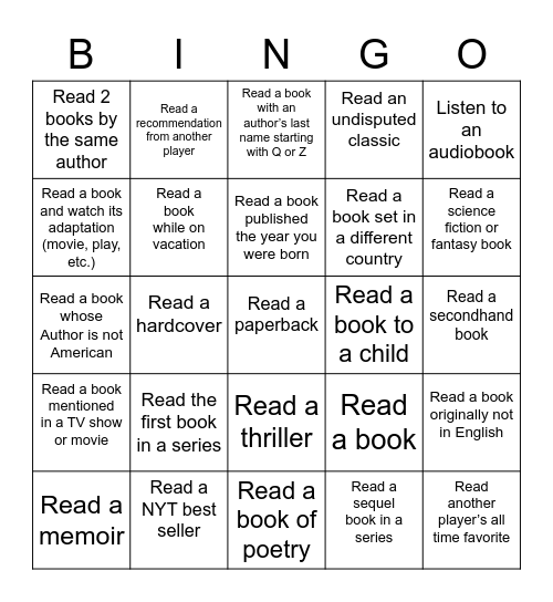 Reading Bingo Card