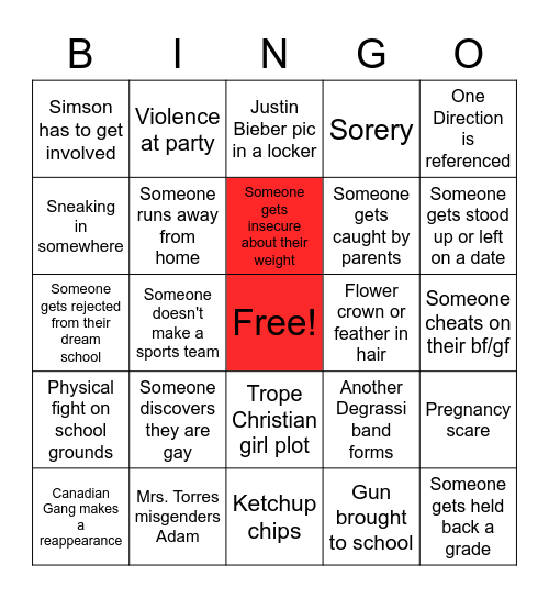 Degrassi Bingo Card