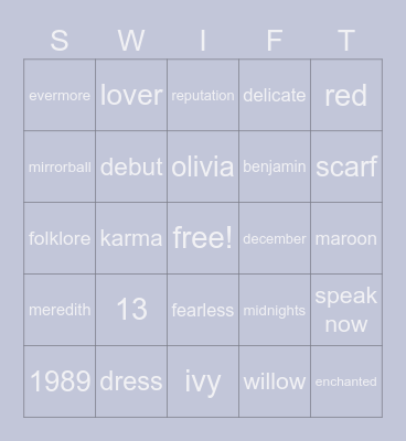TAYLOR SWIFT BINGO Card