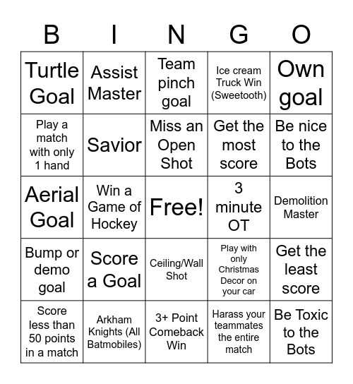 Rocket League Bingo Card Bingo Card