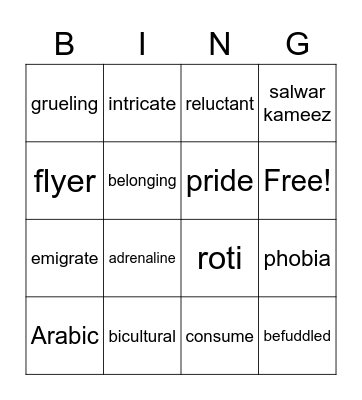 4th Grade Vocabulary Bingo Card