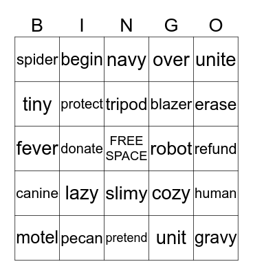 V/CV Bingo Card