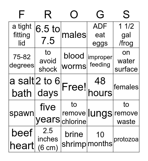 African Dwarf Bingo Card
