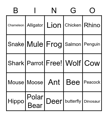 Animal Bingo Card