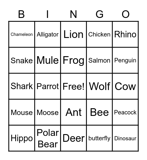 Animal Bingo Card