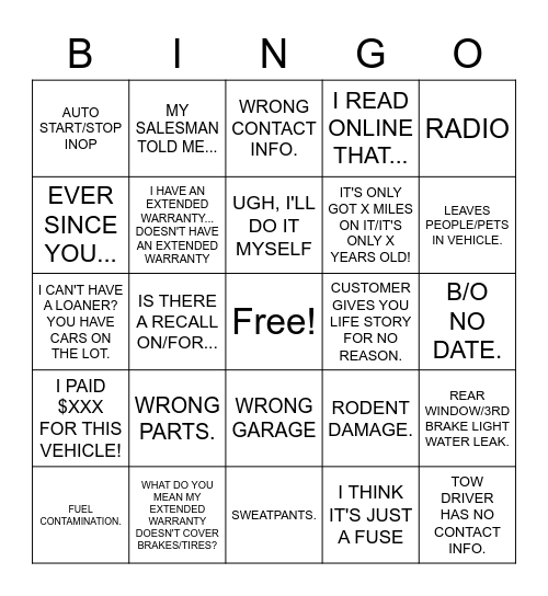 MOPAR SERVICE BINGO Card