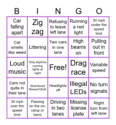 Maryland Drivers Bingo Card