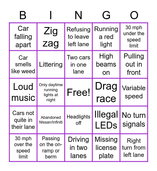 Maryland Drivers Bingo Card