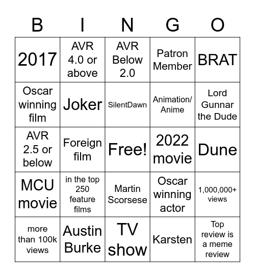 Letterboxd Bingo Card