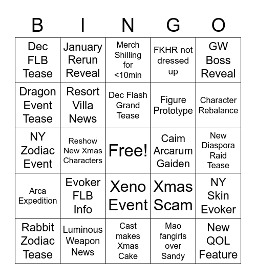 GBF Xmas Strim 2022 Bingo Card