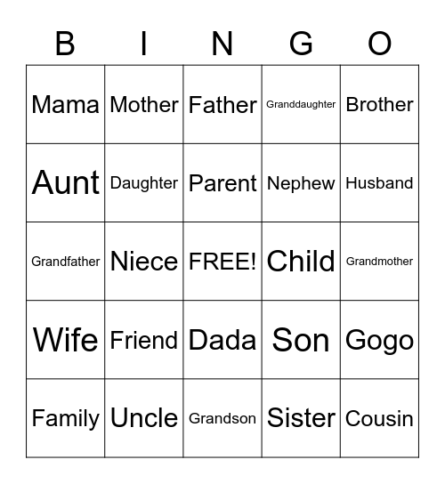 Family Bingo Card