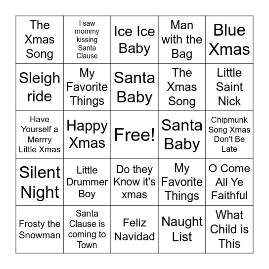 Xmas Song Bingo Card