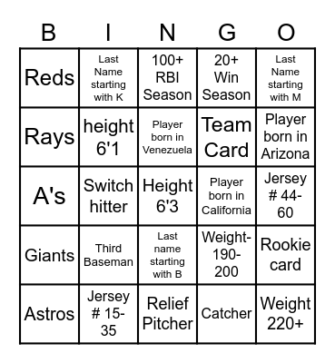 Baseball Card Bingo Card