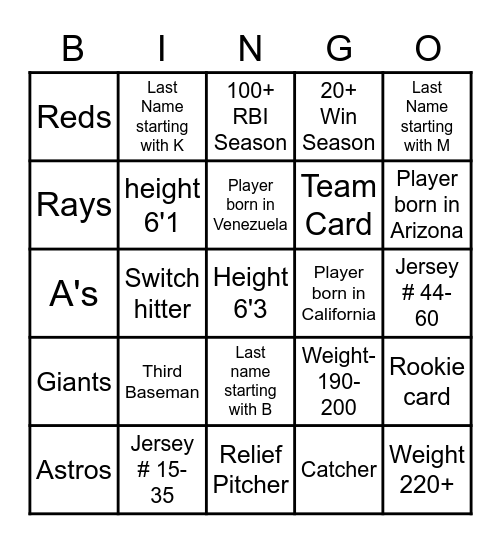 Baseball Card Bingo Card