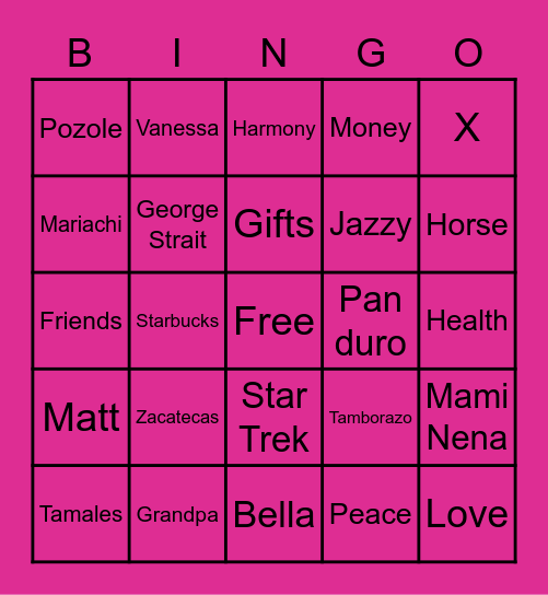 VANESSA Bingo Card
