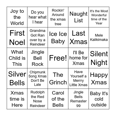 Xmas Song Bingo Card