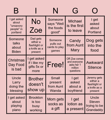 Christmas Eve/Day Bingo Card