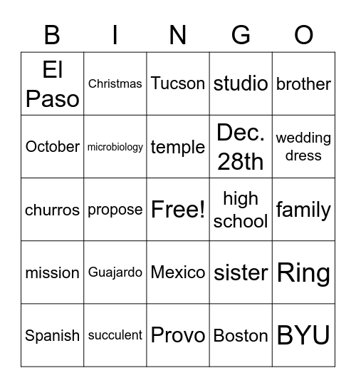 Elisa's Bridal Shower Bingo Card