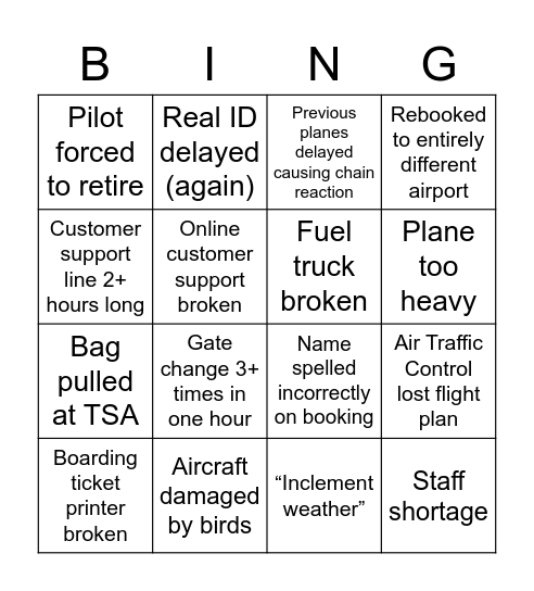 Airline Bingo Card