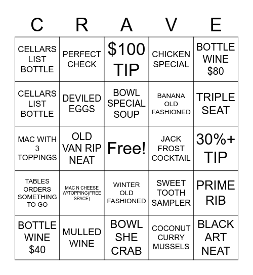 CRAVE Bingo Card