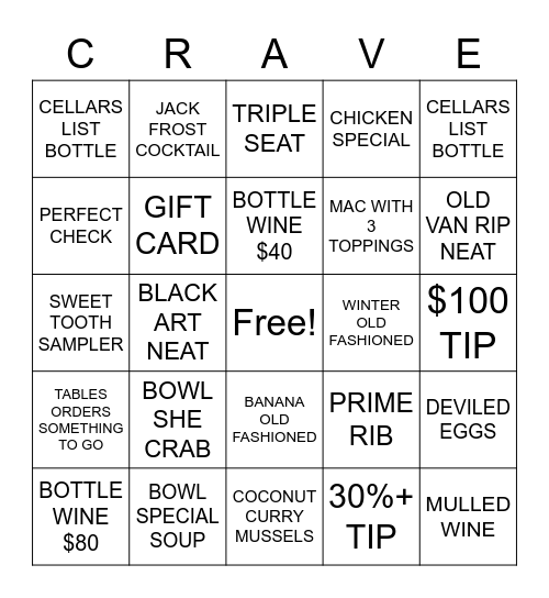 CRAVE Bingo Card