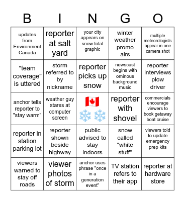 Canadian Snowstorm TV News Edition Bingo Card