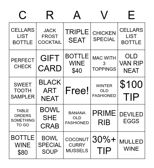 CRAVE Bingo Card