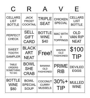 CRAVE Bingo Card