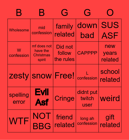 BBG HOLIDAY CONFESSIONS Bingo Card