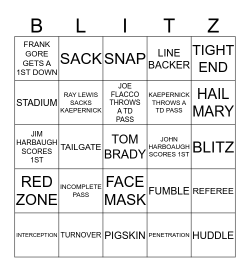 SUPER BOWL BINGO Card