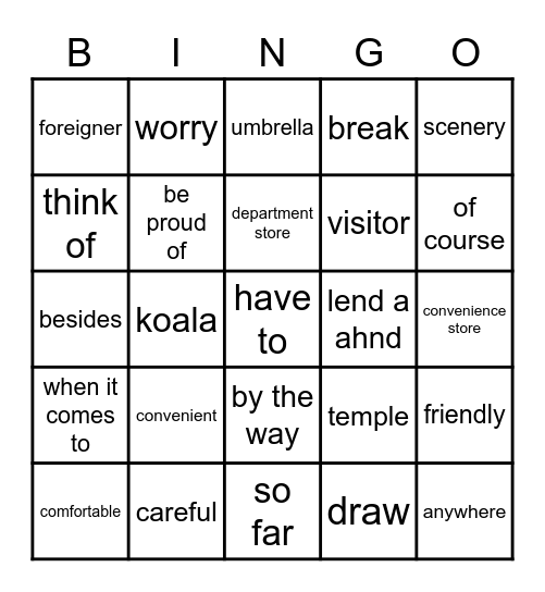 L5 Vocab Bingo Card