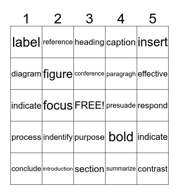 Tier Two Vocabulary Bingo Card