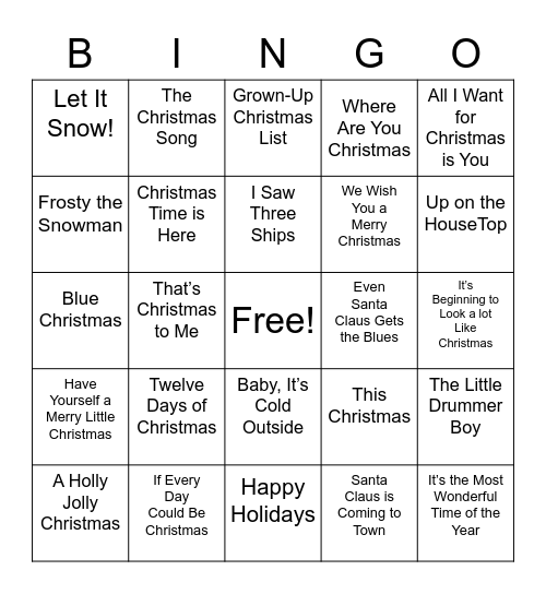 Christmas Song Bingo Card