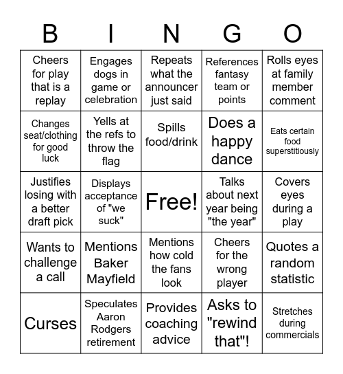 Family Football Bingo Card