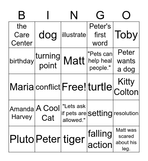 A Cool Cat Bingo Card