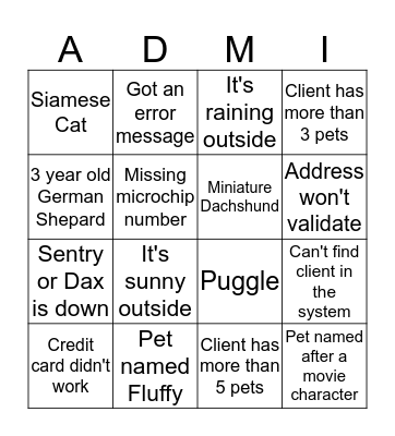 Admin Bingo Card