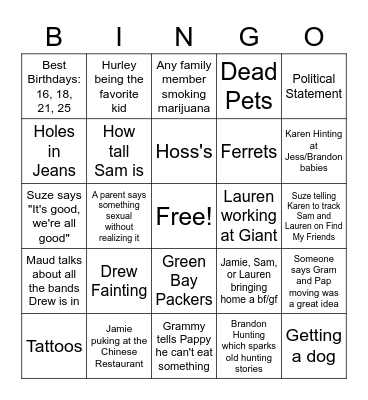 Cousin Bingo Card