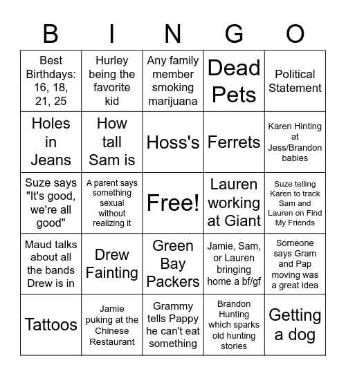 Cousin Bingo Card