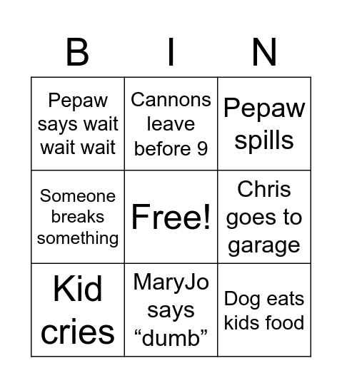 Christmas Eve Bingo Card