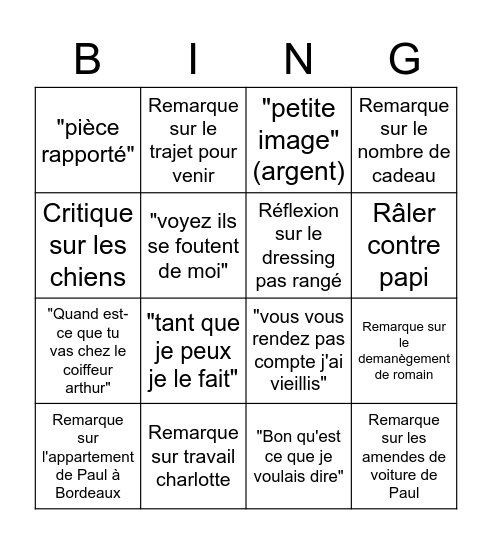 Bingo de mamie Bingo Card