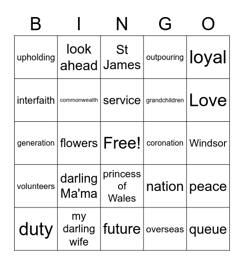 King's Speech Bingo Card