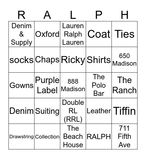 Ralph Lauren Bingo Card