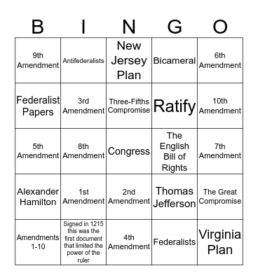 Writing the Constitution Bingo Card