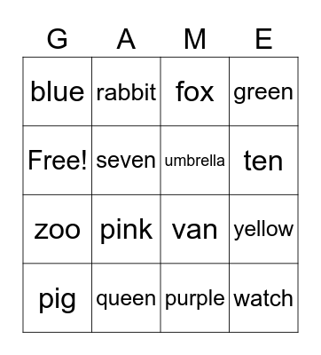 Phonics + Colors  Bingo Card