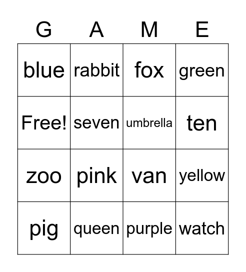 Phonics + Colors  Bingo Card