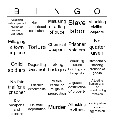 War Crimes Bingo Card