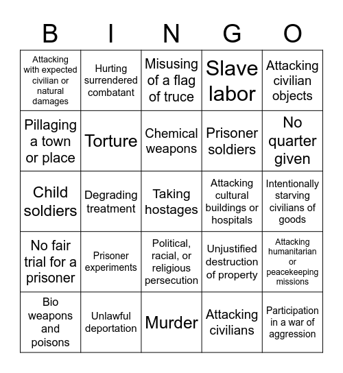 War Crimes Bingo Card