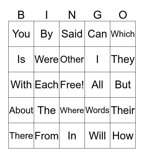 Sight Word Bingo Card